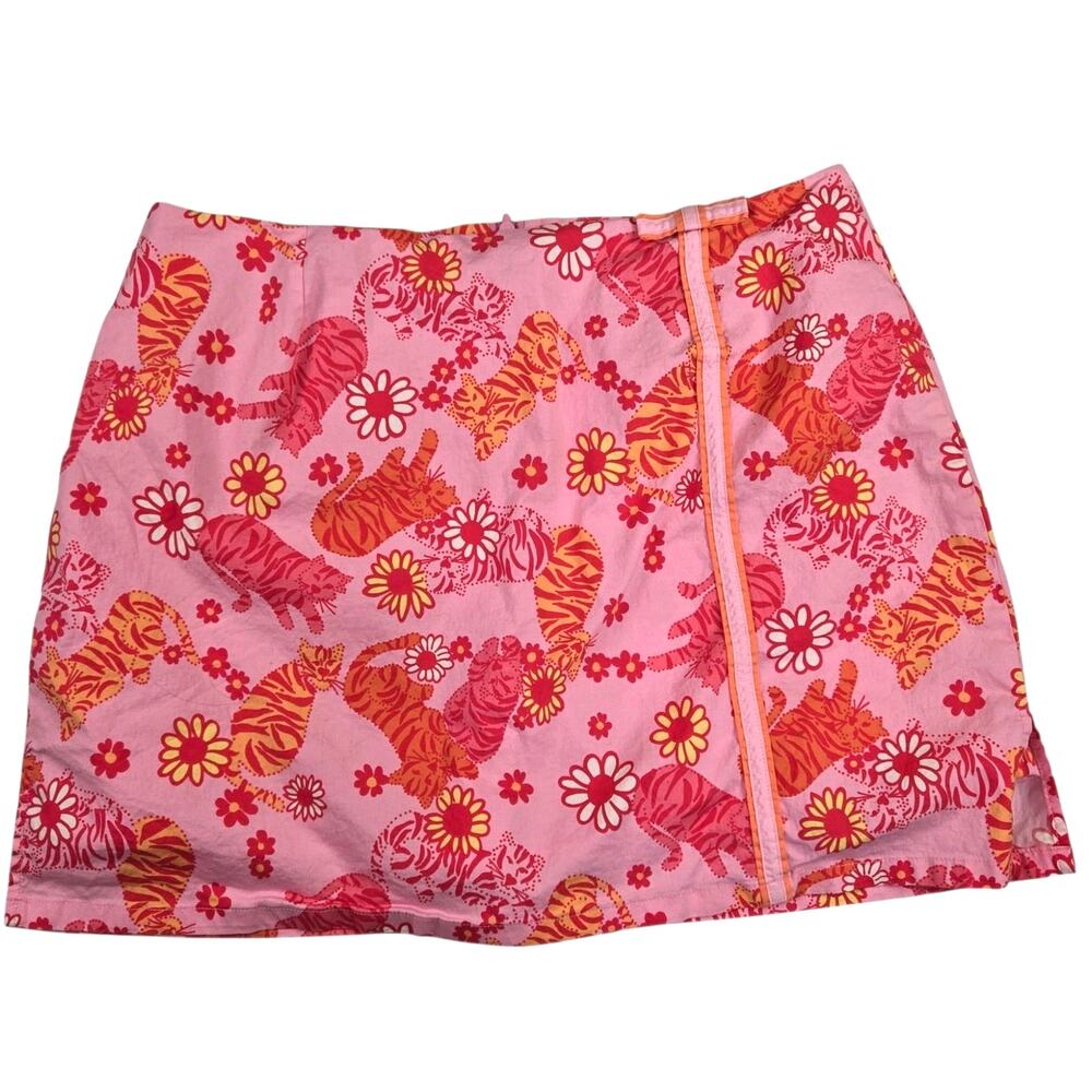 Vintage Lilly Pulitzer Tango Tiger Print Cotton Mini Skirt size 12 Pink Slit